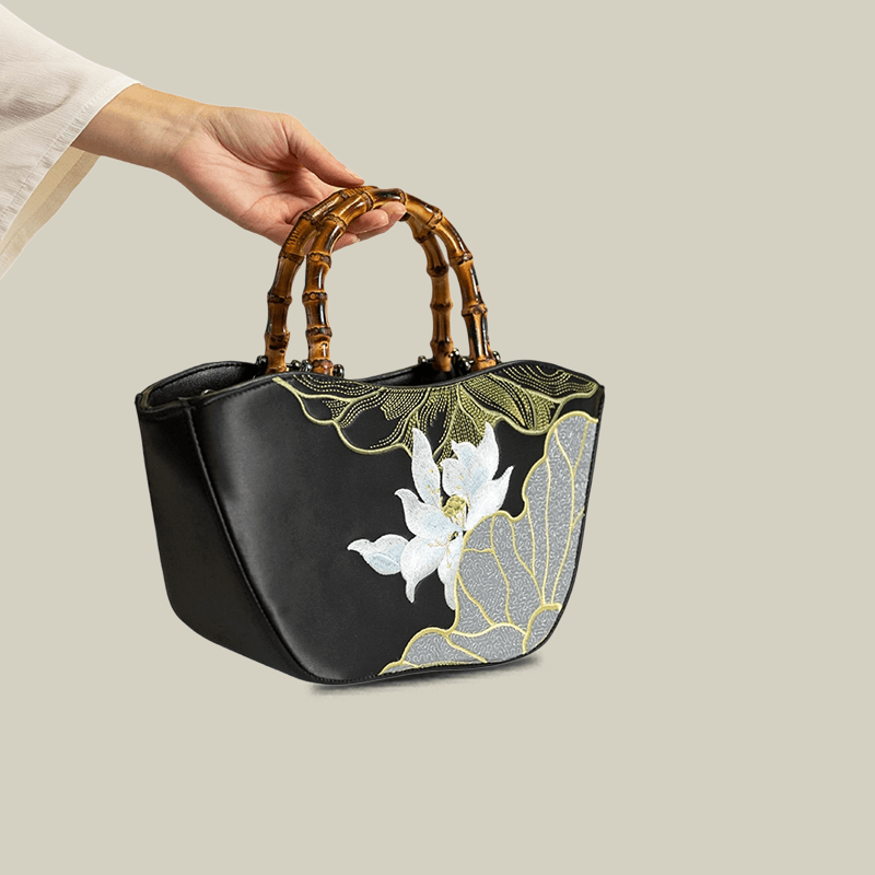 Lotus Embroidery Bamboo Handle Tote Bag