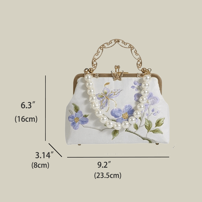 Butterfly Embroidered White Handbag with Metal Kiss-Lock