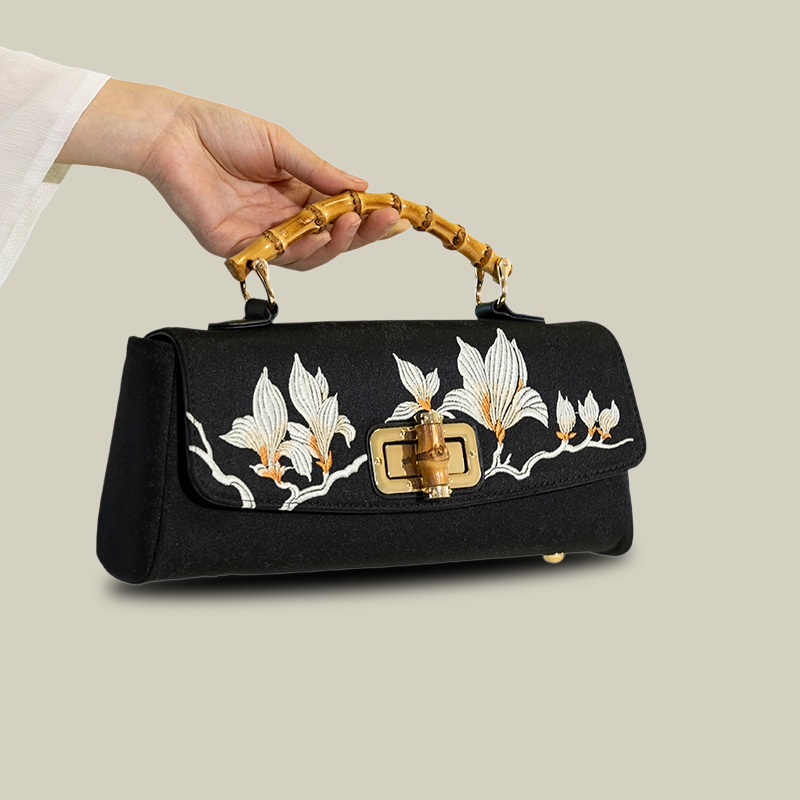 Magnolia Embroidered Boston Bag with Crossbody Chain