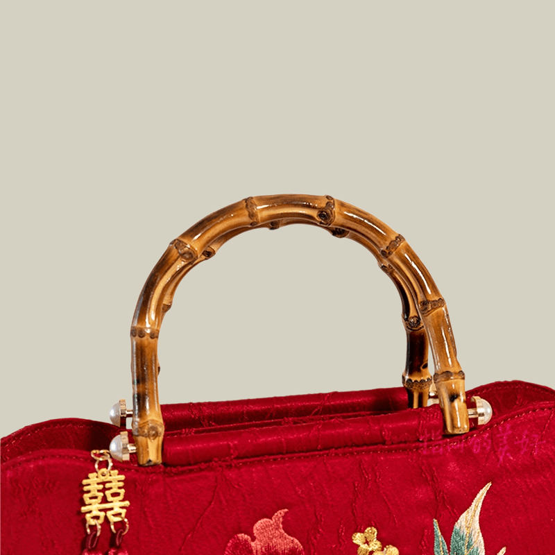 Red Peony Bloom Embroidered Tote Bag with Bamboo Handle