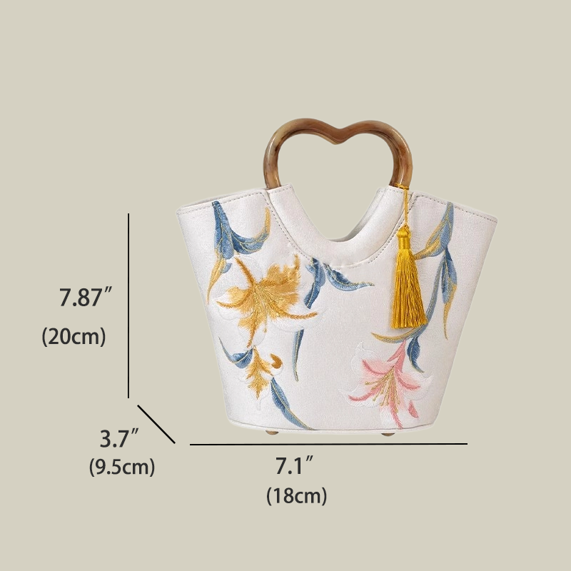 Lily Embroidered Tote Bag with Heart Handle