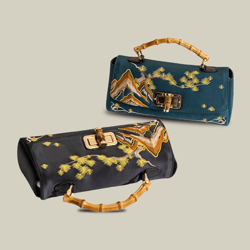 Mountain Pine Embroidered Boston Bag with Bamboo Handle