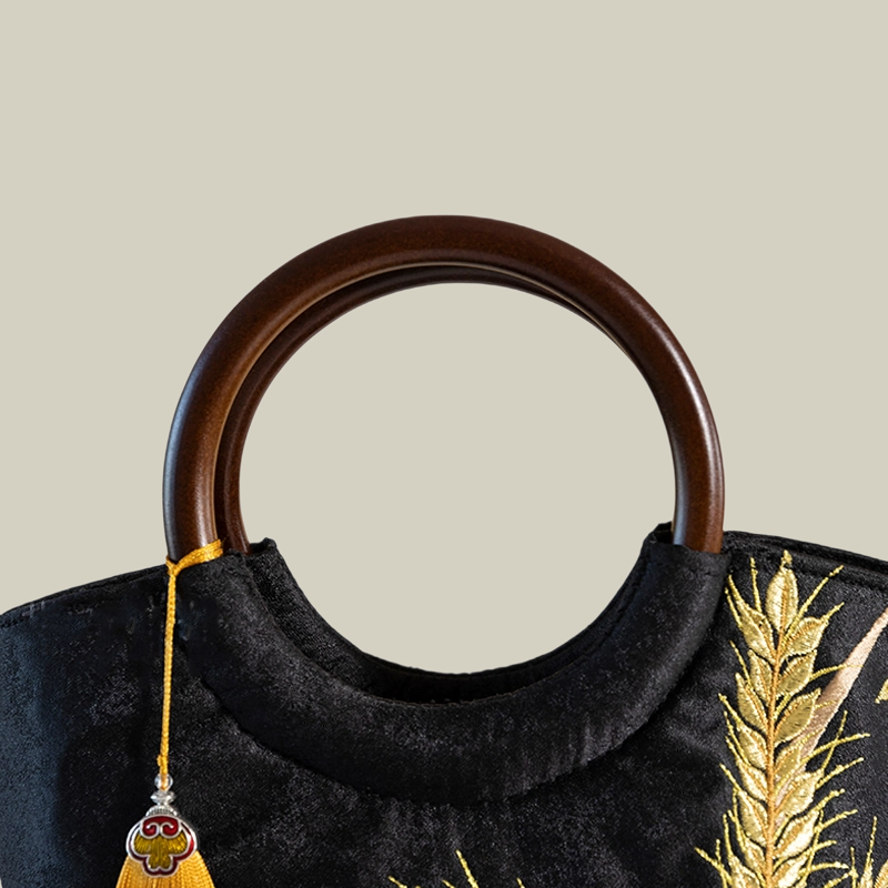 Golden Wheat Embroidered Tote Bag with Tassel