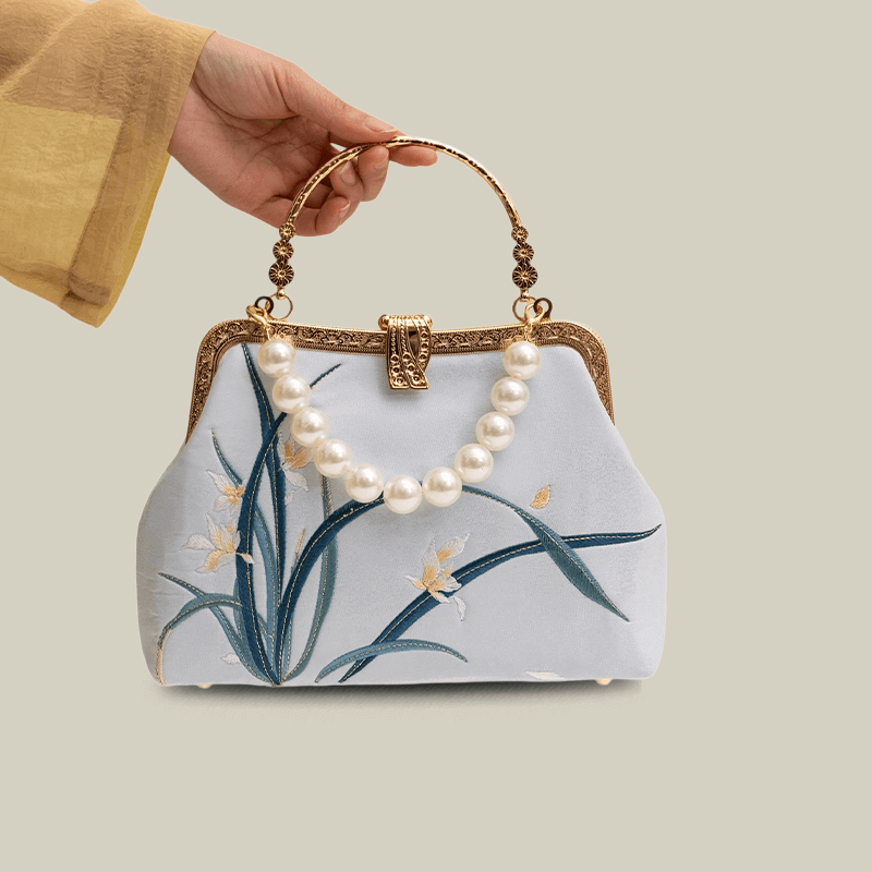 Orchid Embroidered Pearl Handle Handbag with Metal Lock