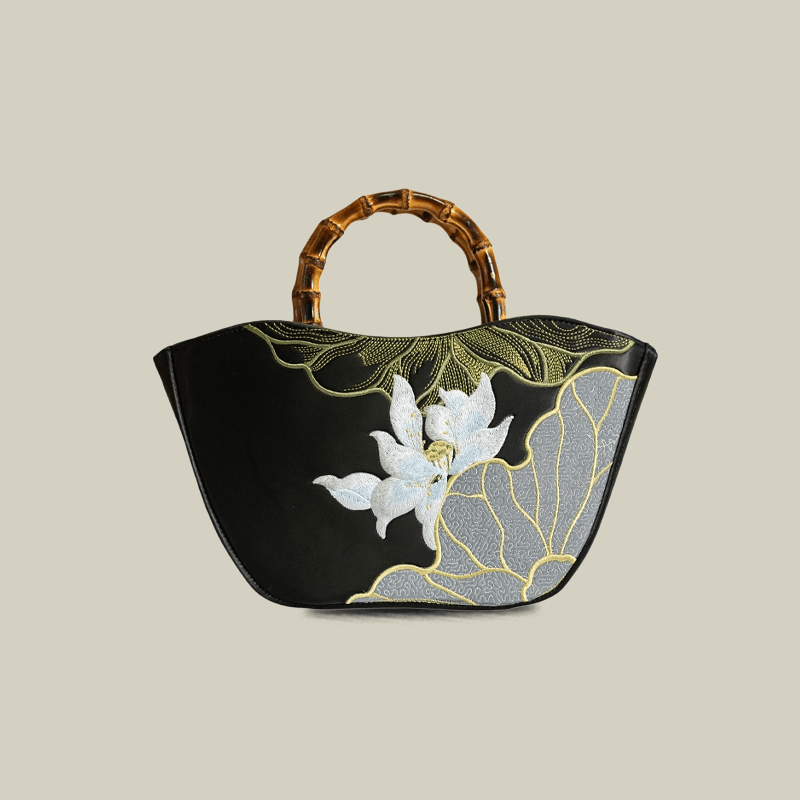 Lotus Embroidery Bamboo Handle Tote Bag