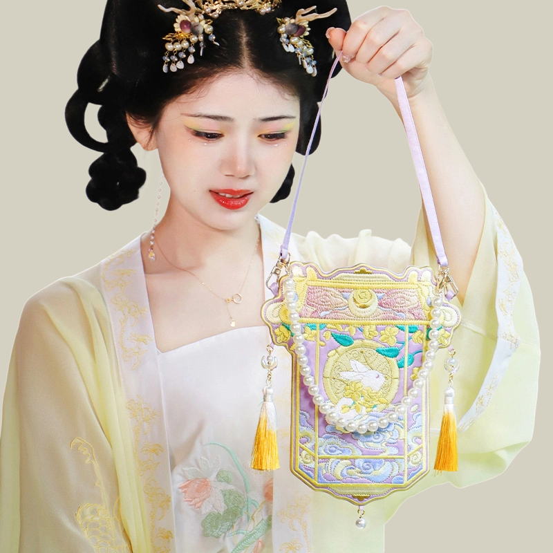 Moon Rabbit Embroidered Crossbody Bag with Pearl Handle