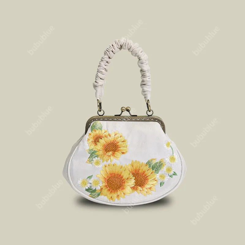 Sunflower Embroidered Vintage Shell Purse with Kiss Lock