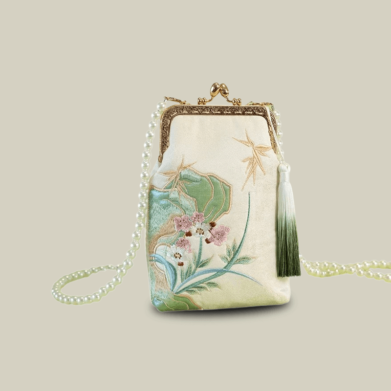Orchid Whisper Embroidered Mini Crossbody Bag with Pearl Handle