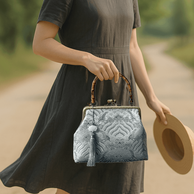 Cloud Brocade Handbag with Wooden Handle