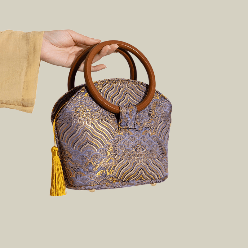 Brocade Shell Handbag with Wooden Ring Handle