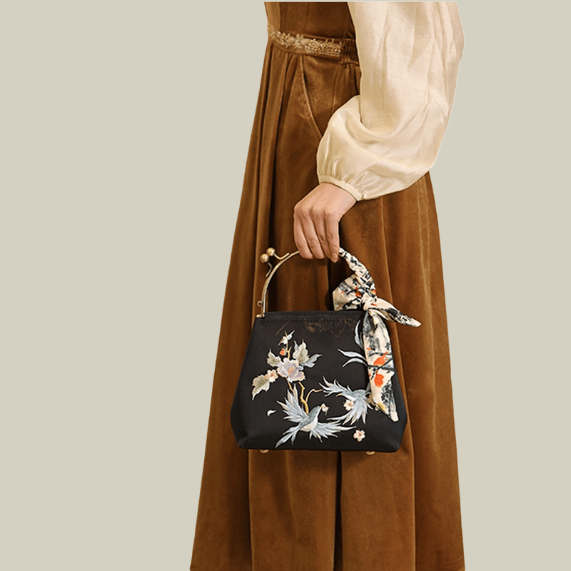 Kiss-Lock Embroidered Bird & Blossom Handbag with Silk Scarf