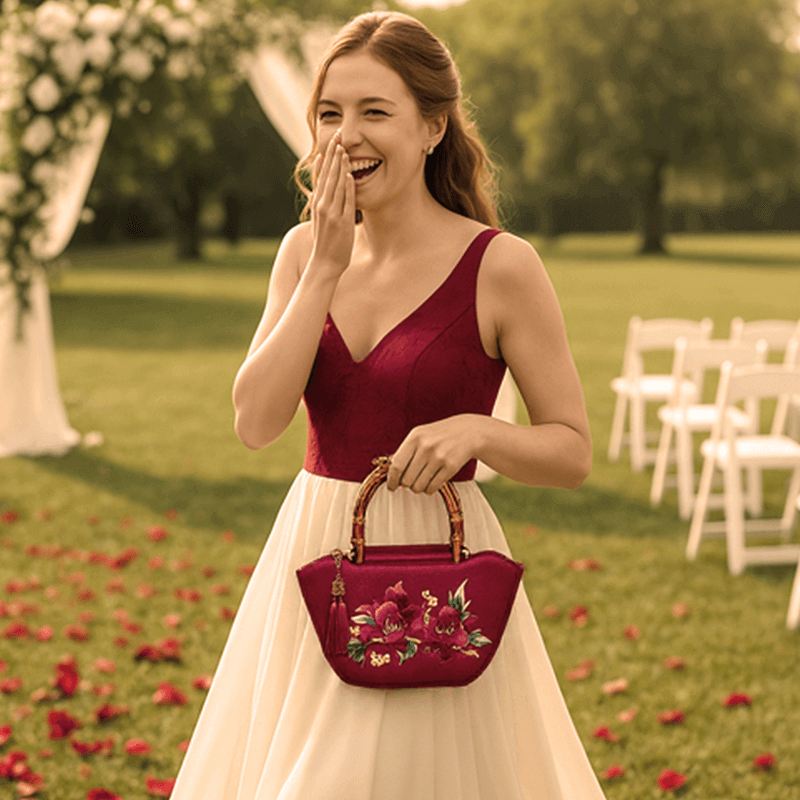 Red Peony Bloom Embroidered Tote Bag with Bamboo Handle