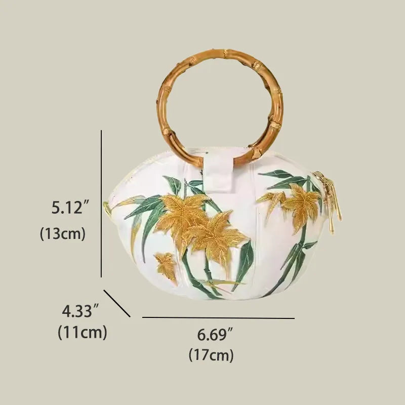Maple Leaf Embroidered Pumpkin Handbag with Bamboo Handle