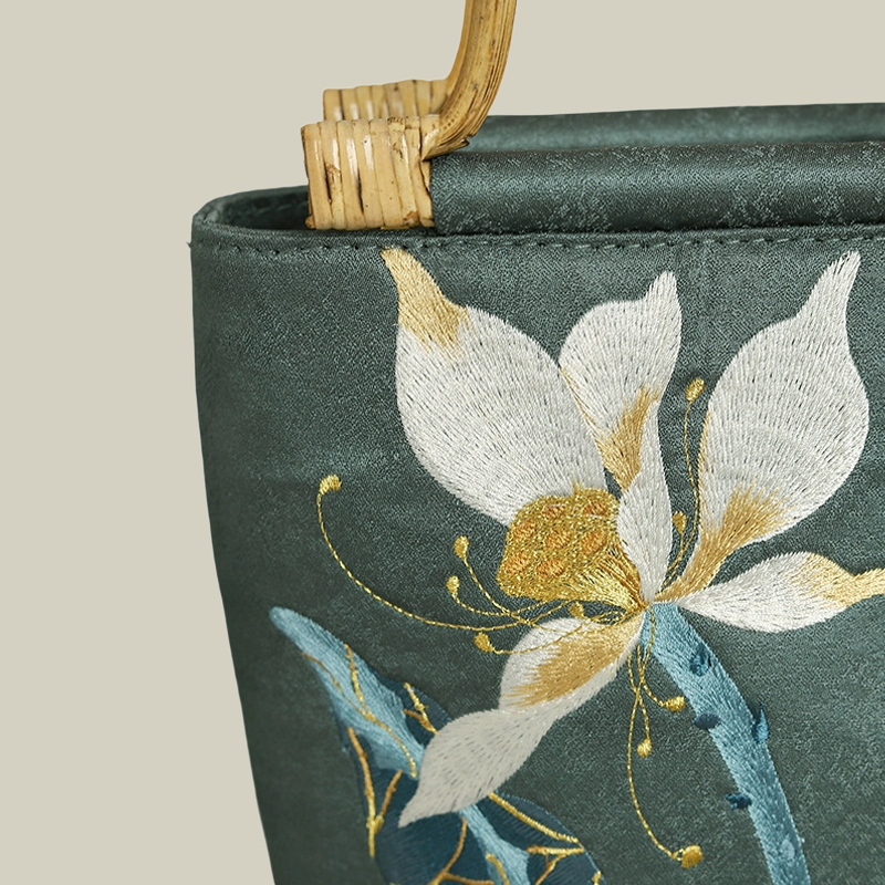 Lotus Embroidered Tote Bag with Bamboo Handle