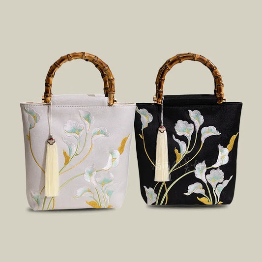 Embroidered Calla Lily Tote Bag with Wooden Handle