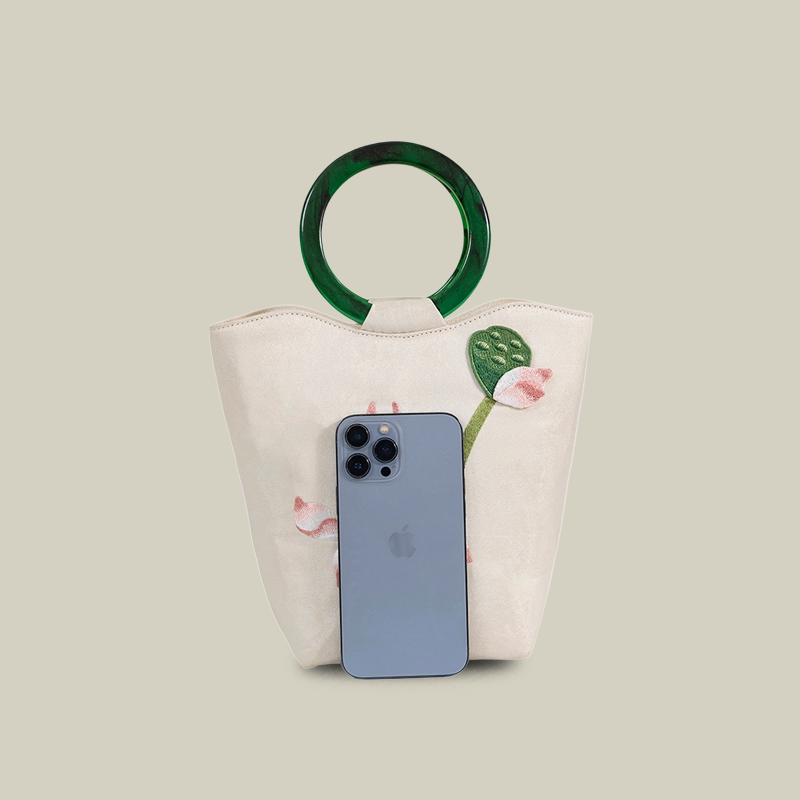 White Lotus Embroidered Tote Bag with Green Acrylic Handle