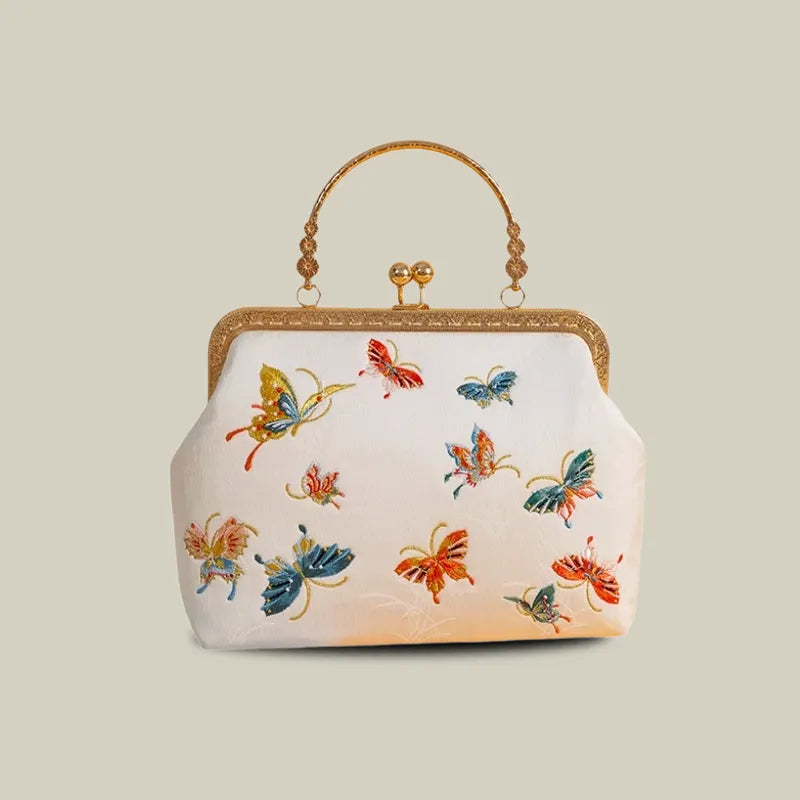 Butterfly Garden Embroidered Handbag with Vintage Metal Kiss-Lock