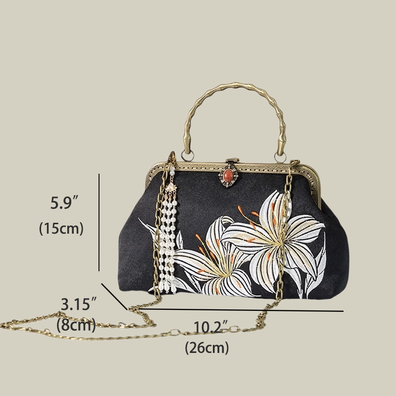 Lily Embroidered Handbag with Pearl Tassel
