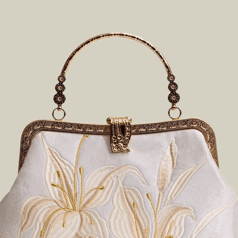 Lily Embroidered Pearl Handle Handbag with Metal Lock