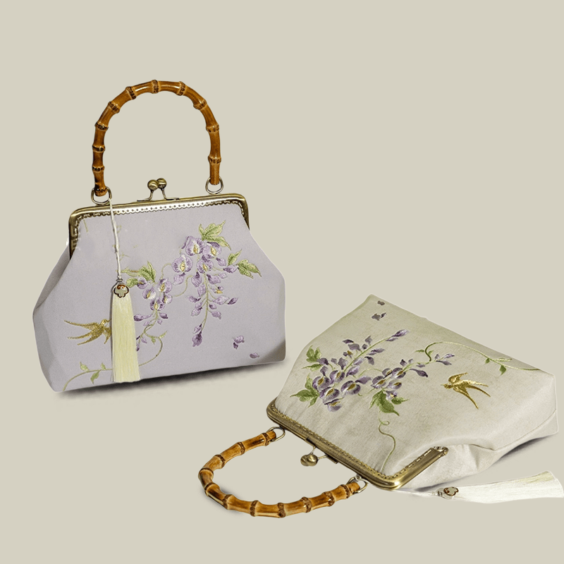 Swallow Embroidered Bamboo Handle Bag with Kiss-Lock