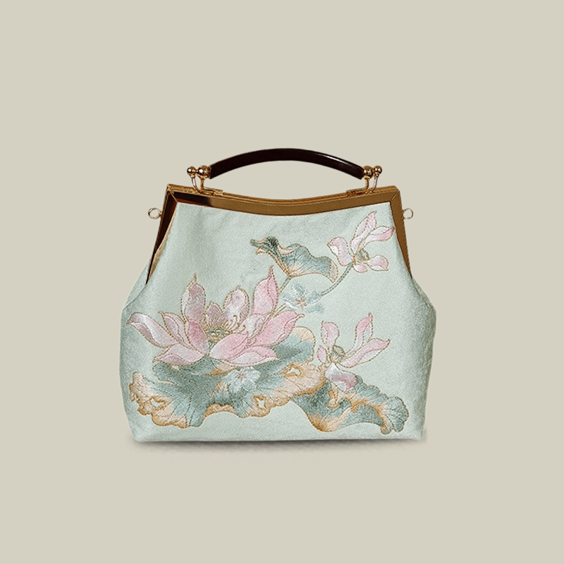 Embroidered Lotus Square Kiss-Lock Handbag with Acrylic Handle