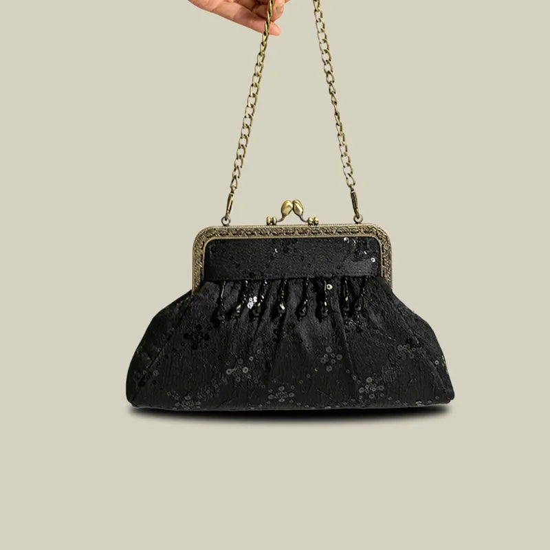 Vintage Pearl Tassel Satin Evening Bag with Kiss Lock(White/Black)