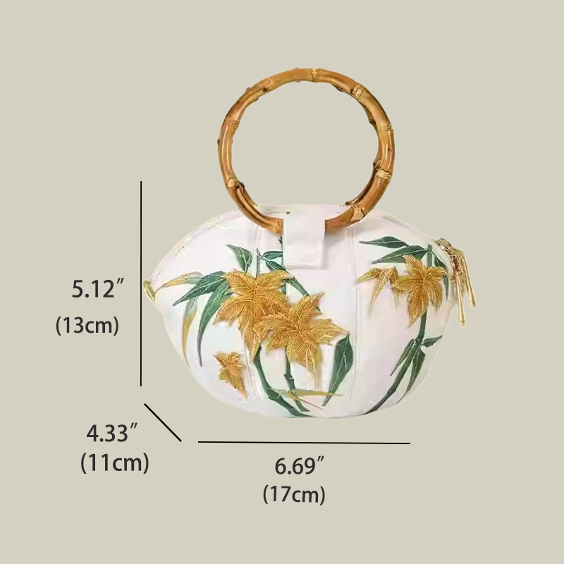 Maple Leaf Embroidered Shell Handbag with Bamboo Handle