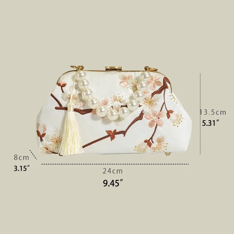 Plum Bossom Embroidered Beige White Vintage Handbag with Pearl Handle