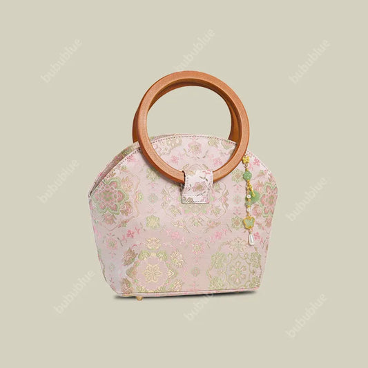 Round Wood Handle Shell Pink Brocade Bag Shaped Purse with Tasse