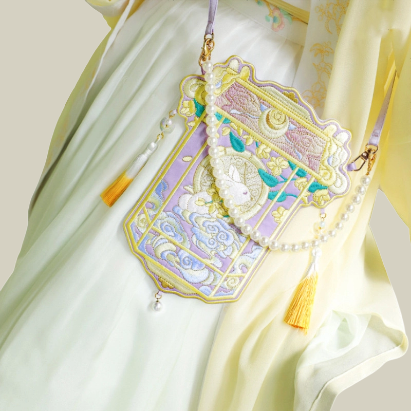 Moon Rabbit Embroidered Crossbody Bag with Pearl Handle