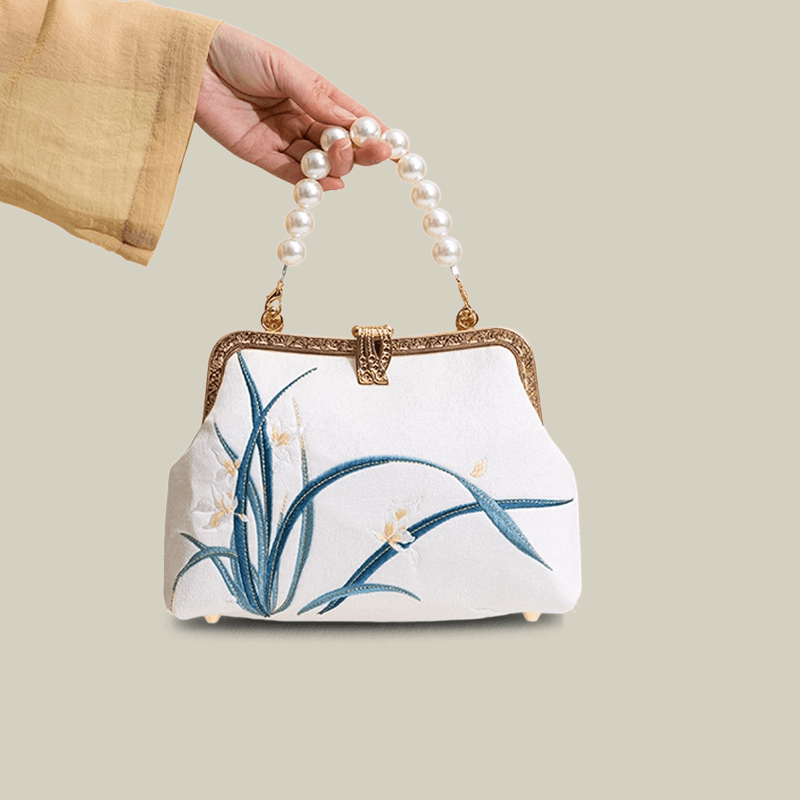 Orchid Embroidered Pearl Handle Handbag with Metal Lock
