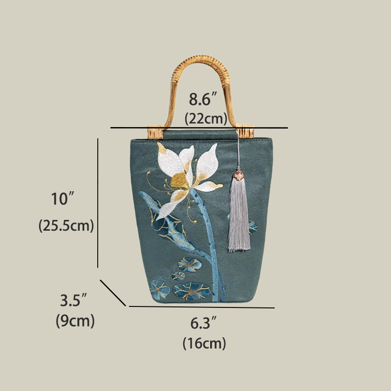 Lotus Embroidered Tote Bag with Bamboo Handle