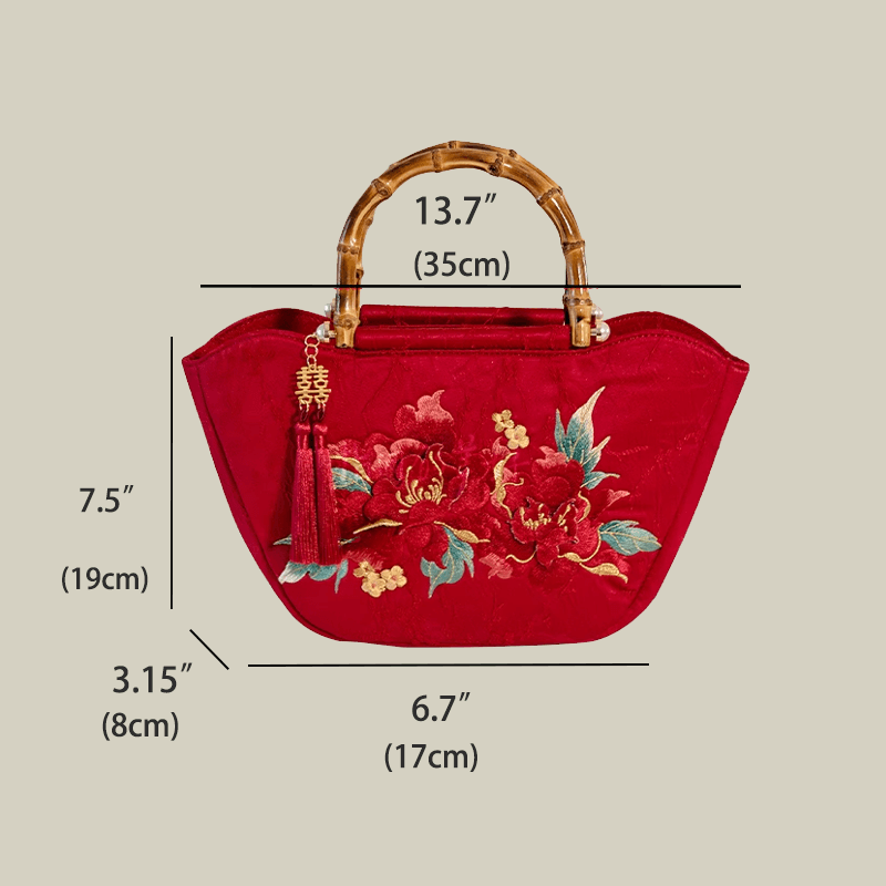 Red Peony Bloom Embroidered Tote Bag with Bamboo Handle
