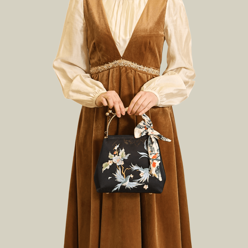 Kiss-Lock Embroidered Bird & Blossom Handbag with Silk Scarf