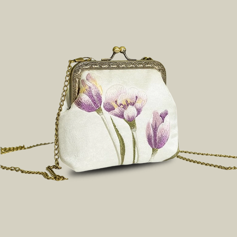 Mini Lotus Blossom Embroidered Coin Purse with Metal Kiss-Lock