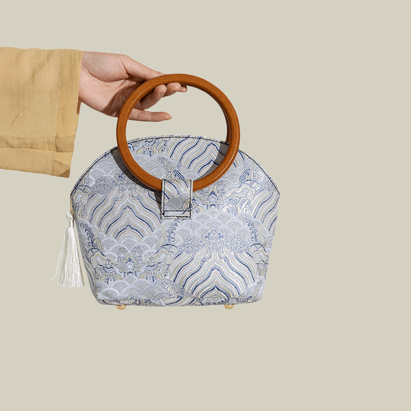 Brocade Shell Handbag with Wooden Ring Handle