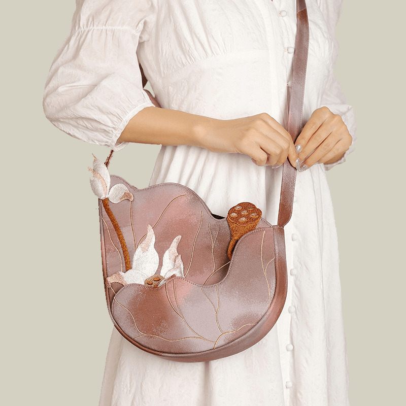 3D Lotus Embroidered Tie-dye Brown Crossbody Bag
