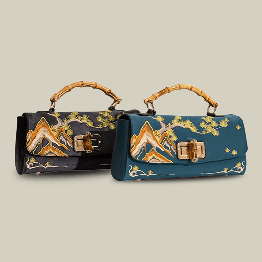 Mountain Pine Embroidered Boston Bag with Bamboo Handle