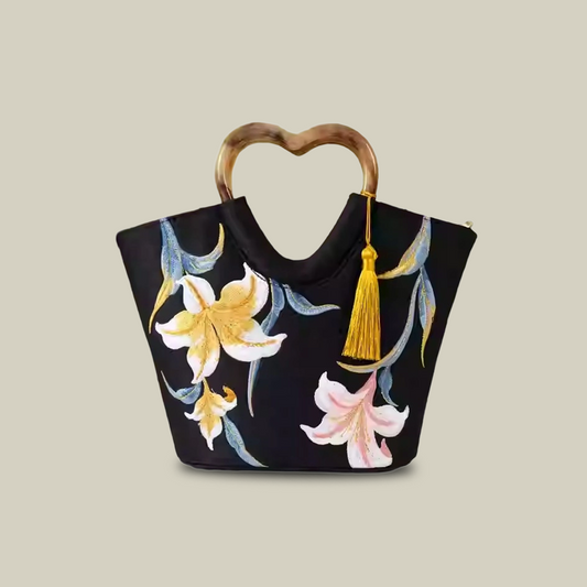 Lily Embroidered Tote Bag with Heart Handle