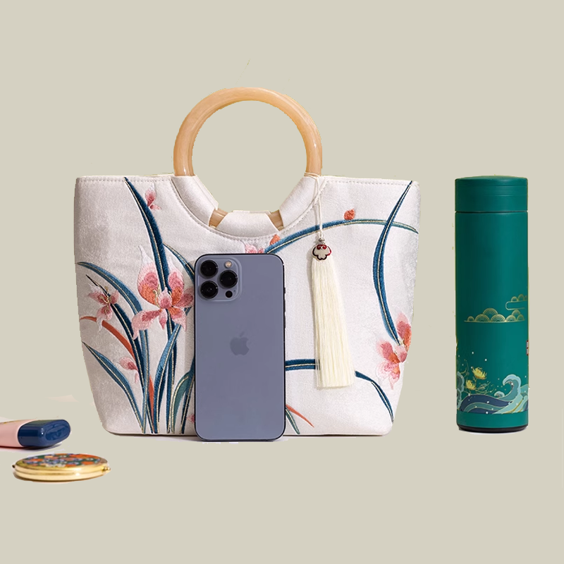 Large Capacity Orchid Bloom Embroidered Tote Bag with Acrylic Handle