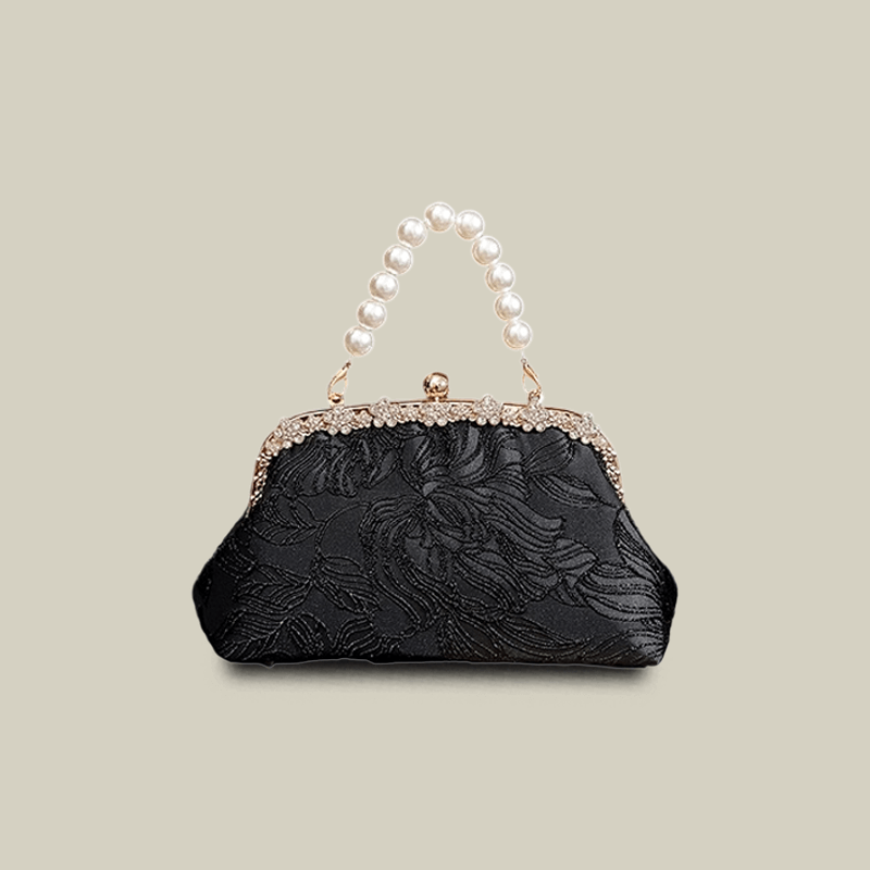 Floral Embroidered Pearl Handle Black Handbag