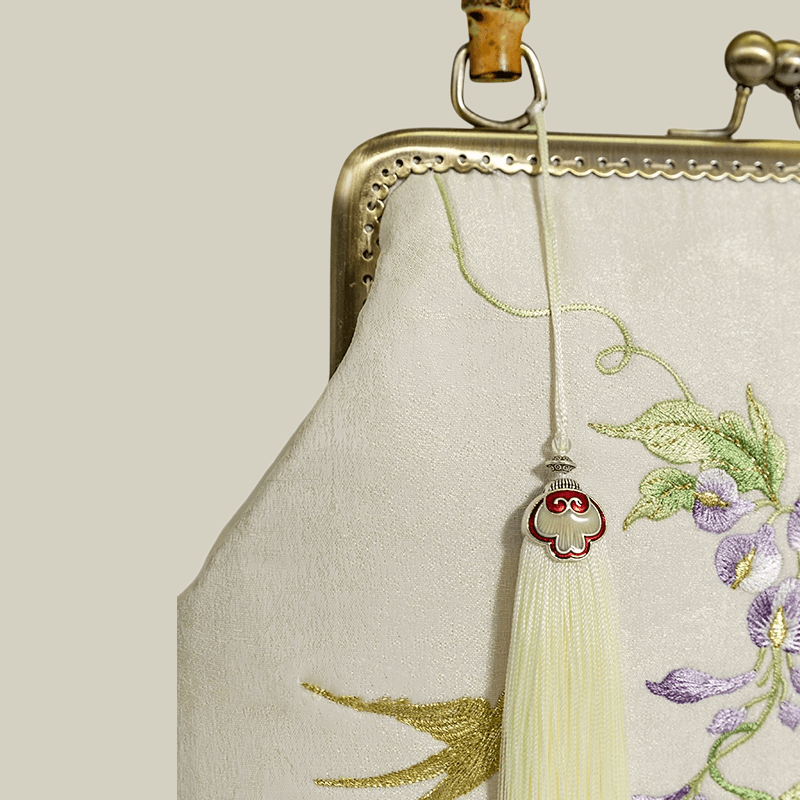 Swallow Embroidered Bamboo Handle Bag with Kiss-Lock