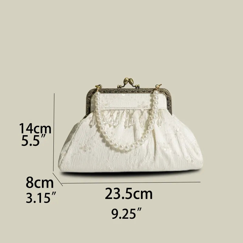 Vintage Pearl Tassel Satin Evening Bag with Kiss Lock(White/Black)