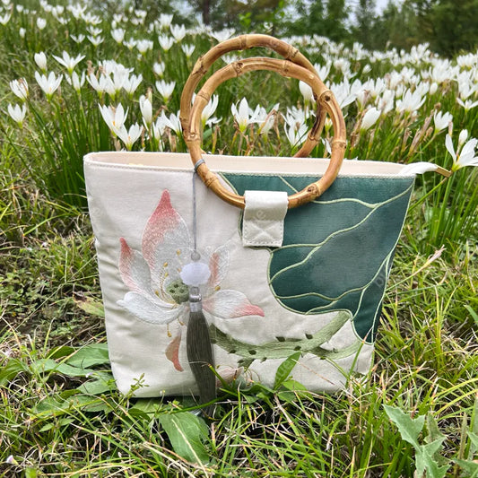 Large capacity Lotus Bloom Embroidered Tote Bag with Bamboo Handle