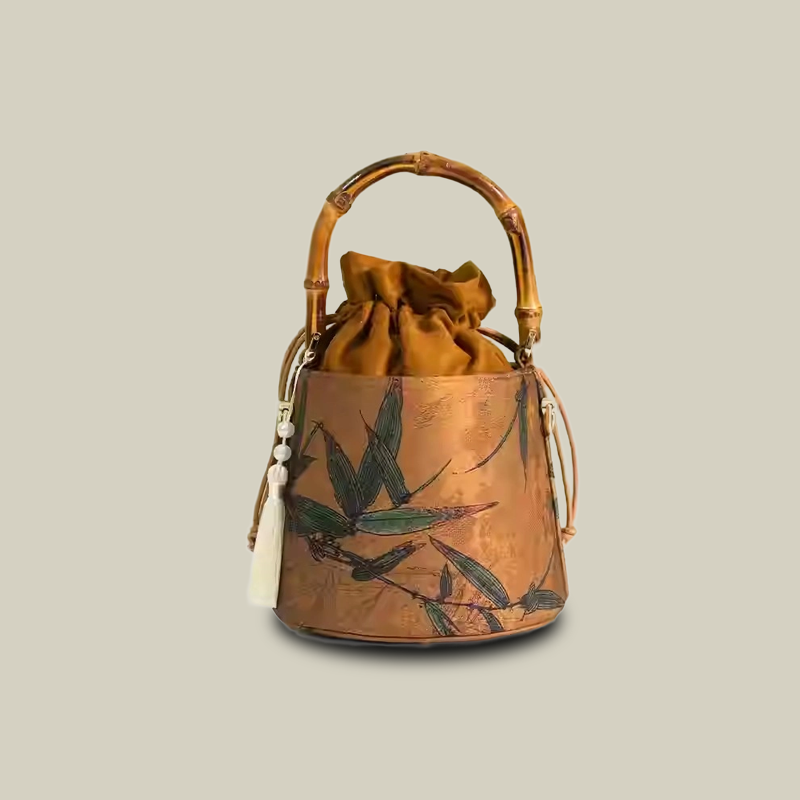 Floral Embroidered Satin Bucket Bag with Bamboo Handle