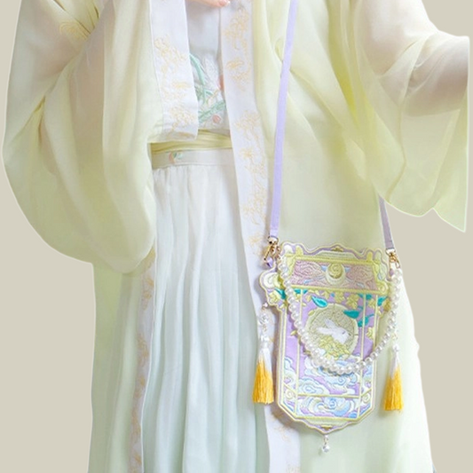 Moon Rabbit Embroidered Crossbody Bag with Pearl Handle