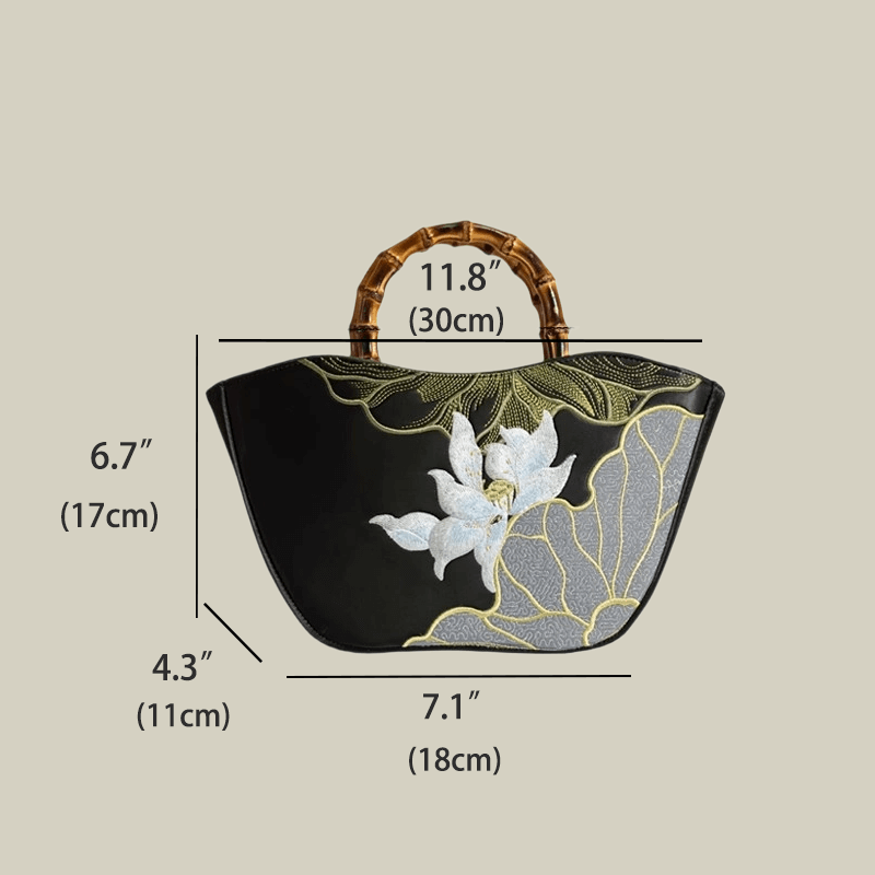 Lotus Embroidery Bamboo Handle Tote Bag