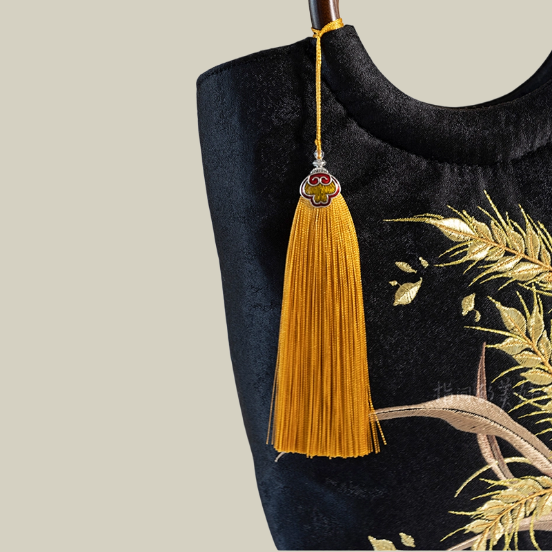 Golden Wheat Embroidered Tote Bag with Tassel