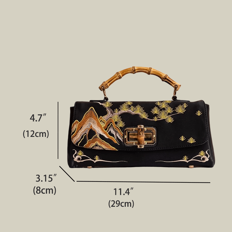 Mountain Pine Embroidered Boston Bag with Bamboo Handle