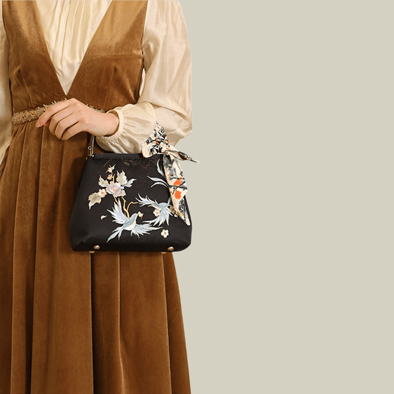 Kiss-Lock Embroidered Bird & Blossom Handbag with Silk Scarf